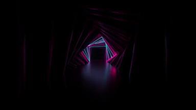 摘要霓虹灯正方形隧道技术.无尽的漩涡动画背景。现代霓虹灯。明亮的霓虹灯线闪烁着光芒向前移动.无缝圈3D渲染